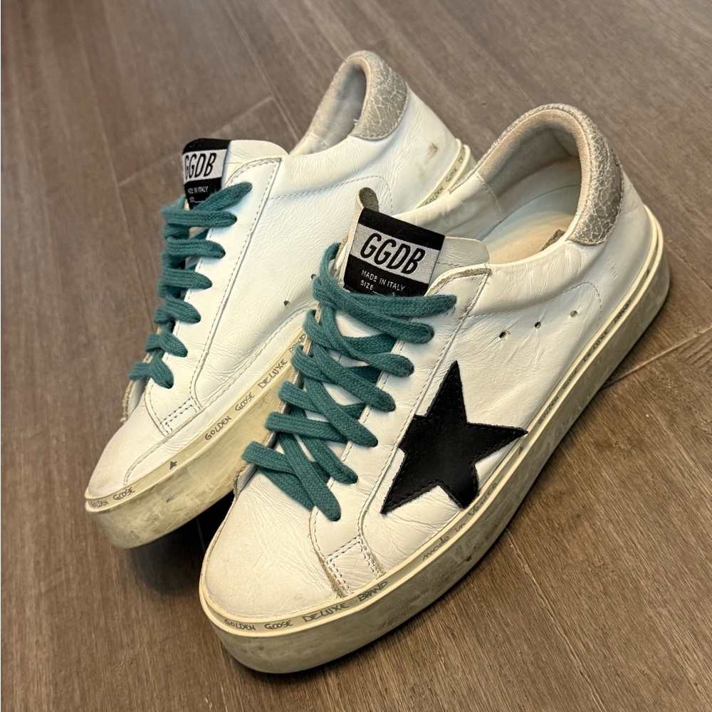 Golden Goose White Sneakers with Teal Laces and Black Star